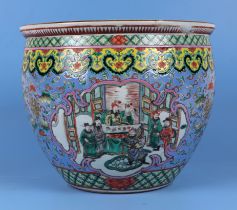 A 19th century Chinese famille verte fish bowl, decorated with panels depicting wise men and