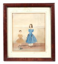 Early 19th century school, study of two young girls, one wearing a blue dress, the other holding a