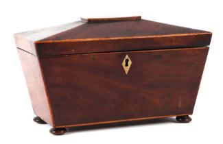 A Regency mahogany sarcophagus shaped tea caddy, on bun feet, 28cm wide.