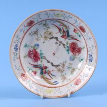 A Chinese famille rose small shallow porcelain dish decorated with exotic birds and prunus,