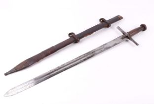A Sudanese Saharan kaskar sword, in leather scabbard, the fullered steel blade, with fine etched