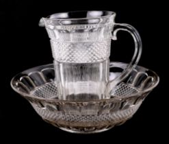 A glass jug and wash bowl set, with hobnail decoration, bowl 39cm diameter, jug 27cm high (2).