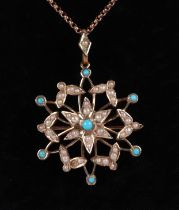 A 19th century 9ct gold turquoise and seed pearl star pendant brooch, on a 9ct rose gold chain, 9.