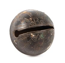 An 18th century crotal bell, with the initials RRW (Robert Wells Foundry), 6cm diameter.