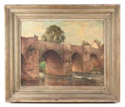 W K Hudson (Modern British), a river scene with four arch span bridge, oil on canvas laid on