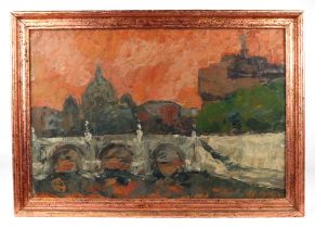 Romano (Italian school) - Bridge Scene - signed lower left, oil on board, framed, 60 by 39cms.