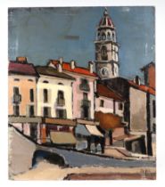 Mid 20th century continental school - Town Scene with Central Clock Tower - initialled JS and
