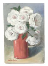 Kavina Behr- Still life roses in a vase, signed lower left corner, oil on canvas, unframed, 20 by
