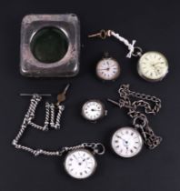 Four silver cased open faced pocket watches, one with a silver Albert chain, another with a white