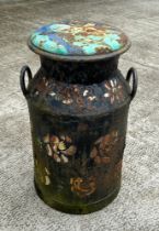 A steel milk churn with painted decoration, 63cm high.