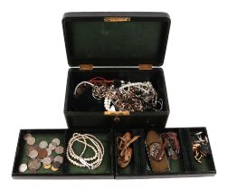 A quantity of costume jewellery, mixed coinage, and a ladies silver cased wrist watch, in a green