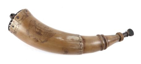 A gunpower horn with Scrimshaw decoration depicting an American Eagle and a U.S. three-masted