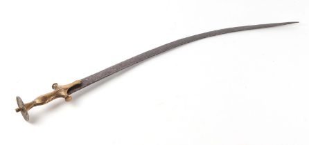 An Indian tulwar sword, with curved steel blade and brass handle, 82cm long. Condition Report