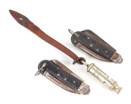 A 1940 dated J. Hudson & Co. whistle with Sam Browne strap and two British Army penknives (3)