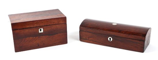 A 19th rosewood tea caddy, 19cm wide, together with a dome topped rosewood glove box / pen box, with