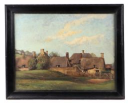 W K Hudson (Modern British), a rural scene with a group of thatched cottages, oil on panel, signed