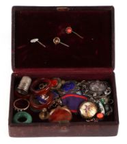 A diamond set yellow metal stick pin, a silver Oddfellows jewel, a Charles Horner silver and