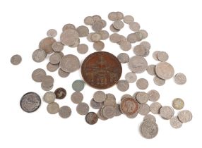 Assorted pre and post war silver coinage, to include crowns, and sixpences and a bronze medallion.