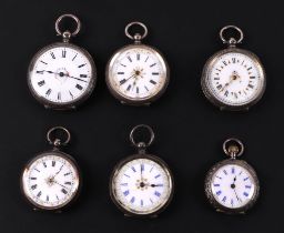 A group of silver cased opened faced fob watches (6).