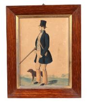 A Regency watercolour, depicting a gentleman wearing a top hat and a blue coat, holding a shotgun,