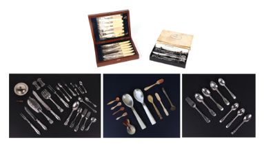 Assorted silver teaspoons and flatware, various dates and makers, 163g, and silver plated cutlery,