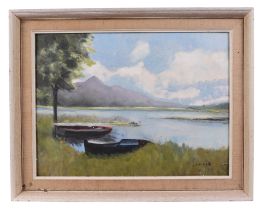 F Horsnail (20th century British) moored rowing boats, signed lower right corner, oil on board,