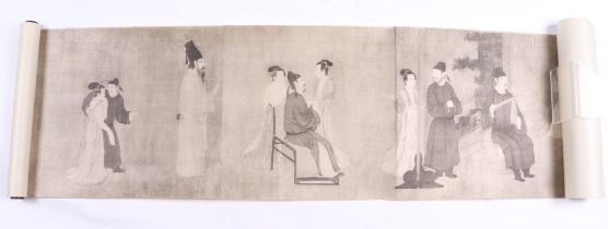 A Chinese scroll painting with calligraphy, signed with red characters marks, 204cm long; together