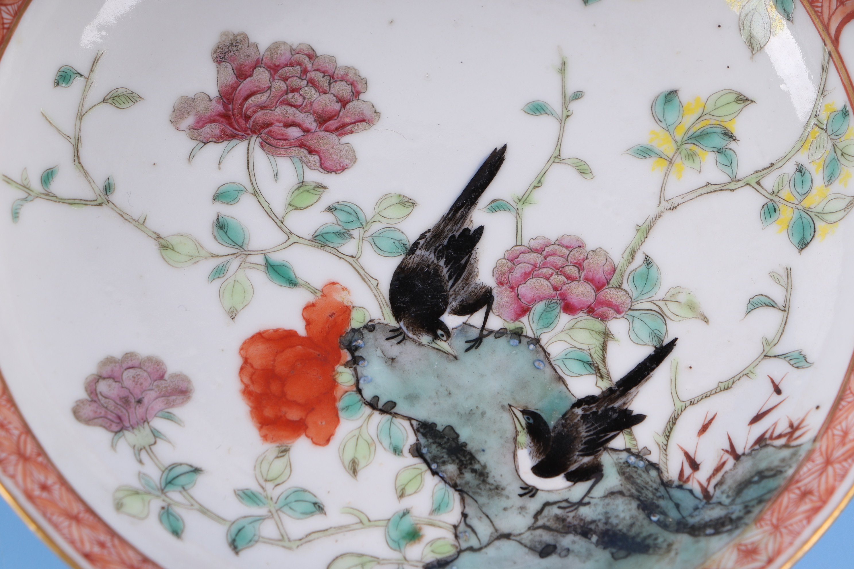 An 19th century Chinese famille rose small shallow dish decorated with magpies and prunus flowers, - Image 2 of 5