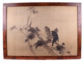 A late 19th century Meiji period Japanese watercolour depicting crows on a branch, signed lower