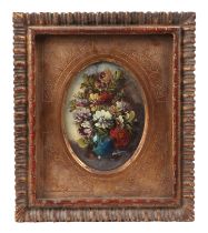 20th century school - Still Life of Flowers in a Blue Vase - miniature, indistinctly signed lower