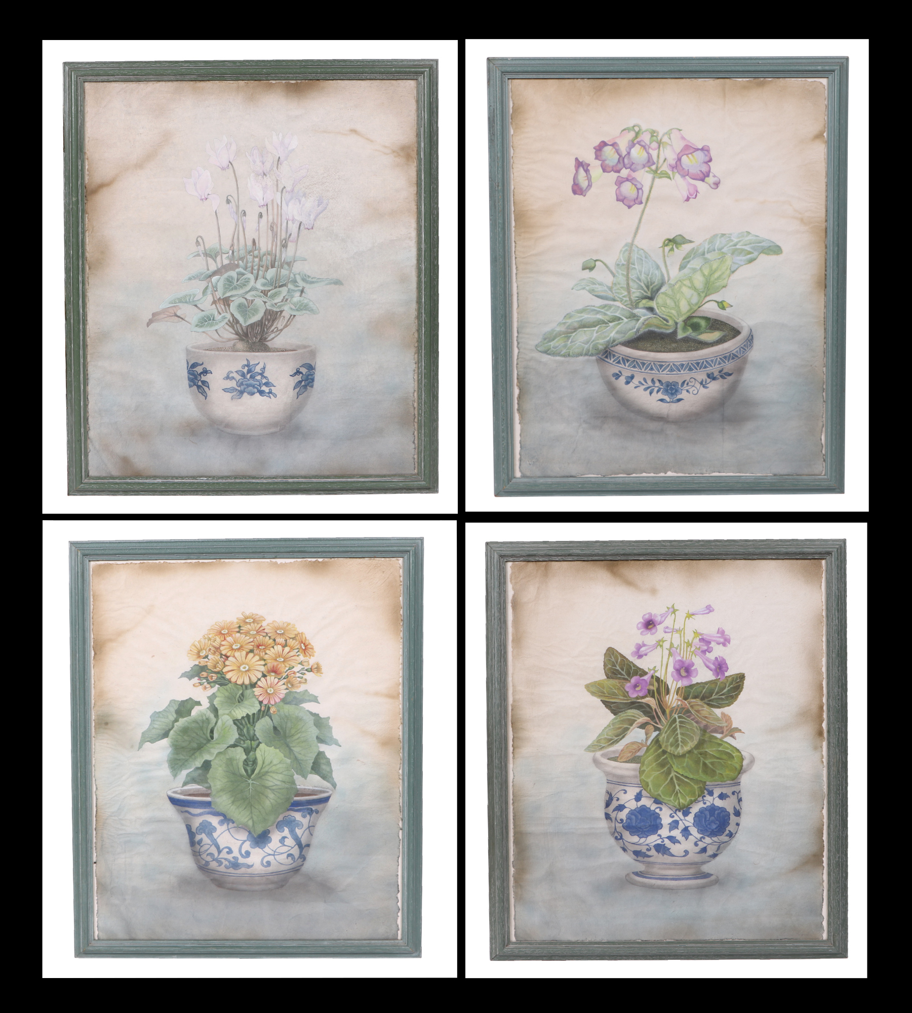 Chinese School - a set of four still life watercolour paintings on pith paper depicting flowers in