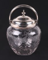 A late Victorian silver mounted etched glass biscuit barrel, London 1900, 19cm high.