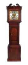 A longcase clock, with a 30cm square brass dial, silvered chapter ring, and Roman numerals,