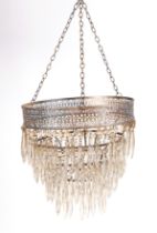 A silver plated four-tier celling light with prismatic drops, 29.5cm diameter.