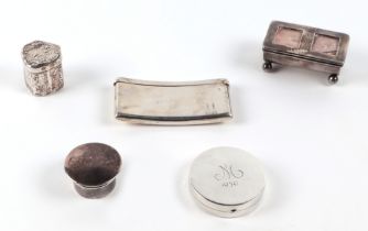 A silver double stamp box; together with a silver compact; a silver card case; a Dutch silver box;