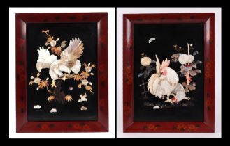 A pair of Japanese Shibayama style panels one depicting a falcon the other chickens within red