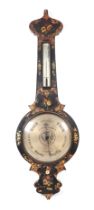 A Victorian wheel barometer with thermometer, in a black Japanned case, with floral and gilt painted