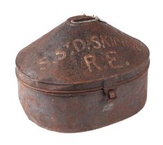 A 19th century military tin hat box with inner collar box, the cover sign written "S.S.D.Skinner R.