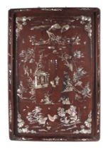 A Chinese hardwood tray with mother of pearl inlay decoration depicting a landscape with a