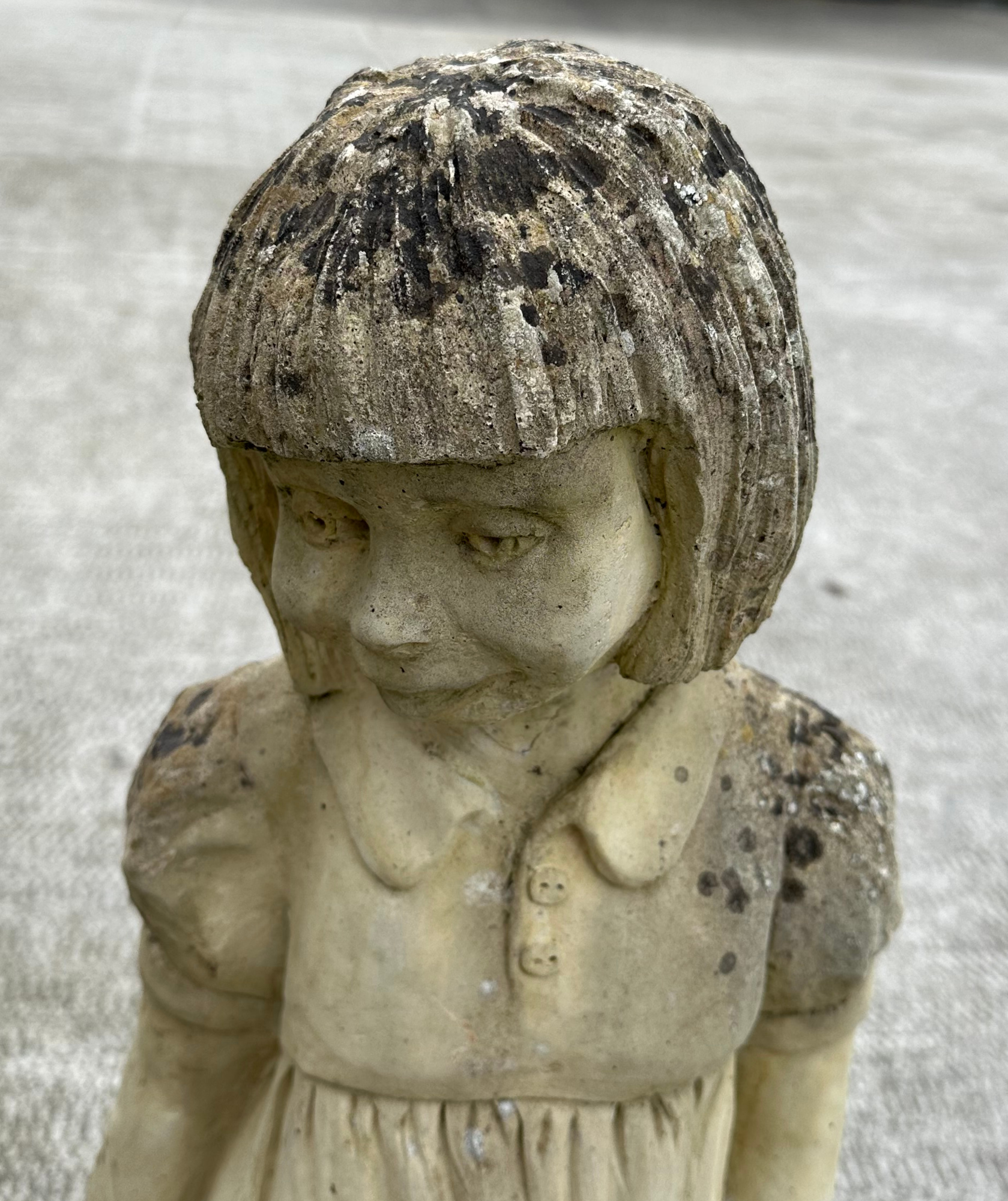 A well weathered stoneware garden ornament, depicting a young girl holding a barrel, 83cm high. - Image 2 of 4