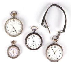 A silver cased open face pocket watch, the white enamel dial with Roman numerals and subsidiary