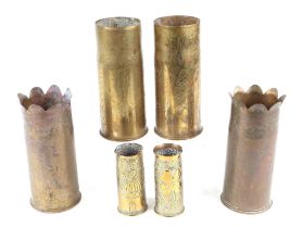Three pairs of WWI ORIENT trench art vases made from brass shell cases. The small pair decorated