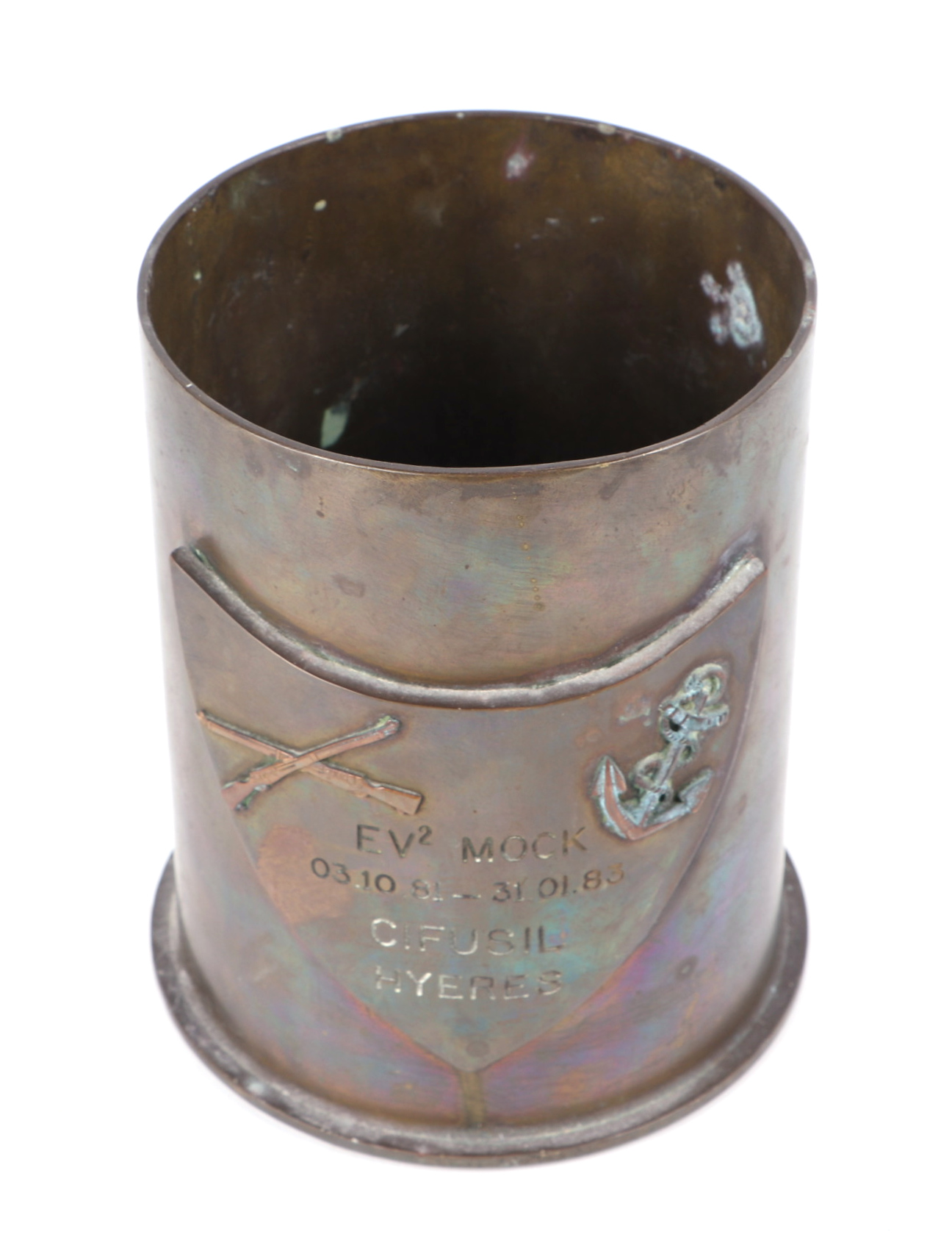 A French Marine Commando brass shell case trophy with a brass shield ...