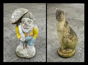 A well weathered stoneware garden figure of a seated cat, 58cm high, together with a stoneware