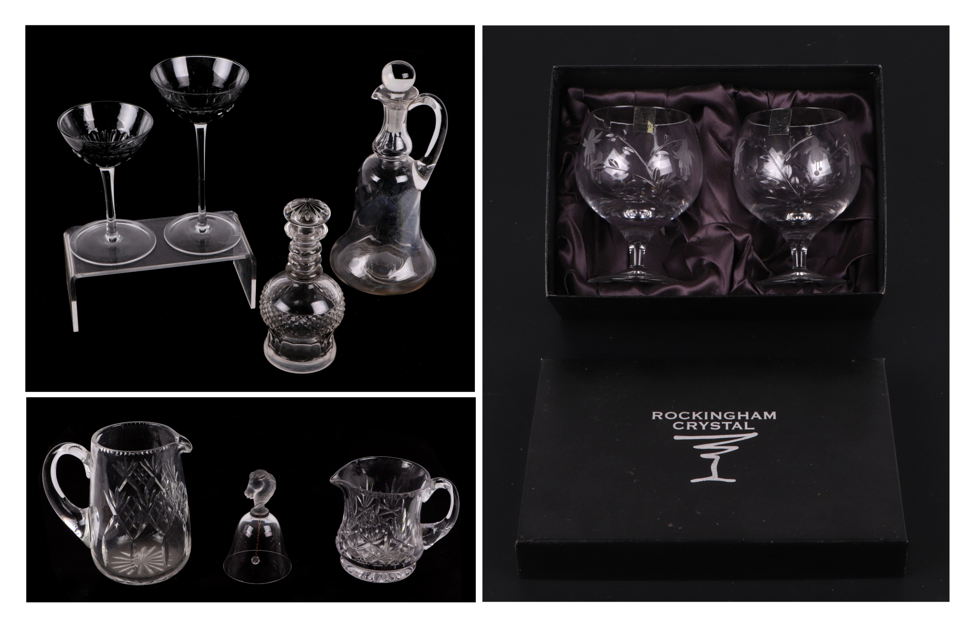 A 19th century cut glass water jug, 12cm high; a pair of crystal brandy glasses and other similar