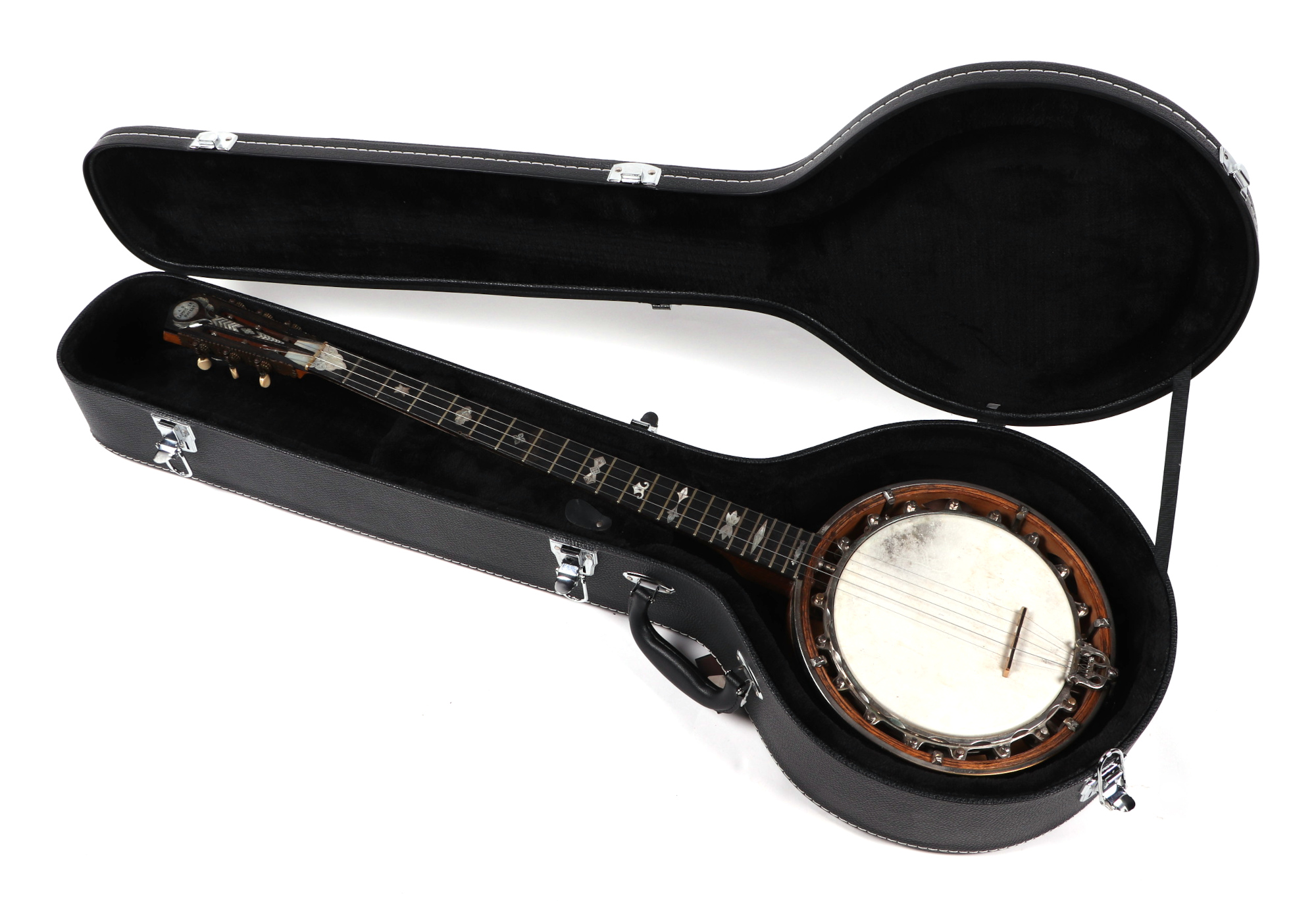 An AD Cammeyer patent six string banjo, serial no.3949576, in later hard carry case.