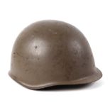 A Soviet Russian SSH39 steel combat helmet, with leather liner and chin strap, numbered I-72.