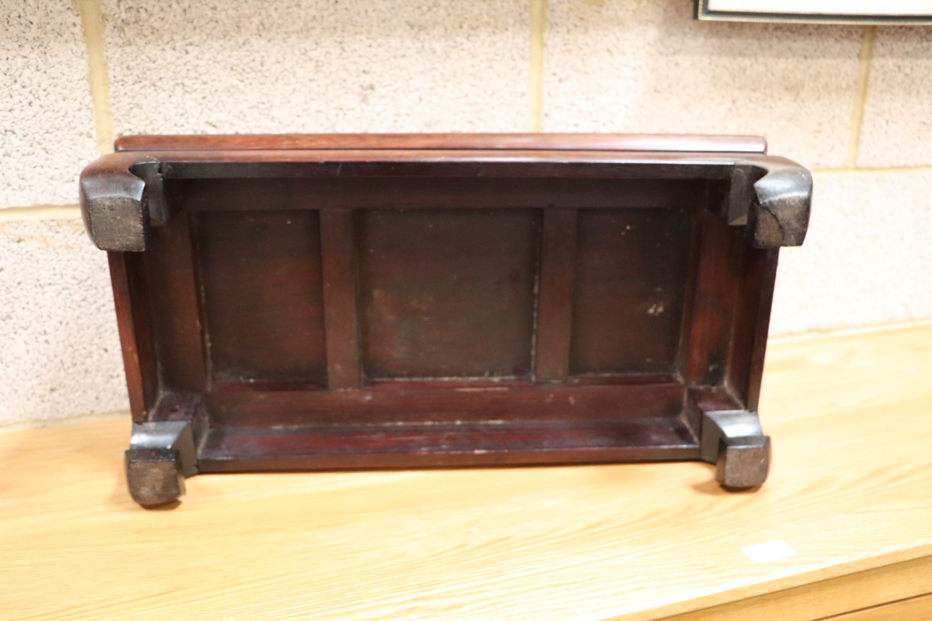 A Chinese hardwood low table, 60cm wide. Condition Report 16cm high.  Water marks on the top and - Image 6 of 7