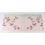 A pair of Chinese watercolours, depicting birds in flowering foliage, signed, unframed, 41 by