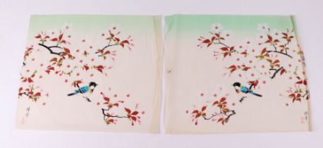 A pair of Chinese watercolours, depicting birds in flowering foliage, signed, unframed, 41 by